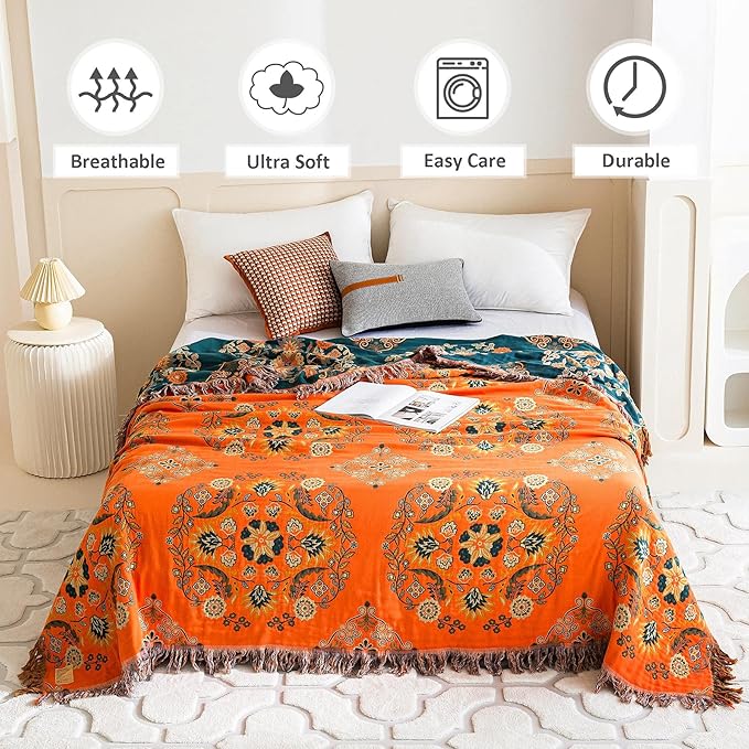 Boho Throw Blanket for Bed 100% Cotton Soft Lightweight Quilt Floral Embroidery Home Decor Spring Breathable Orange Bed Blankets,80"x90" All Season Reversible Blankets for Sofa Couch Chair