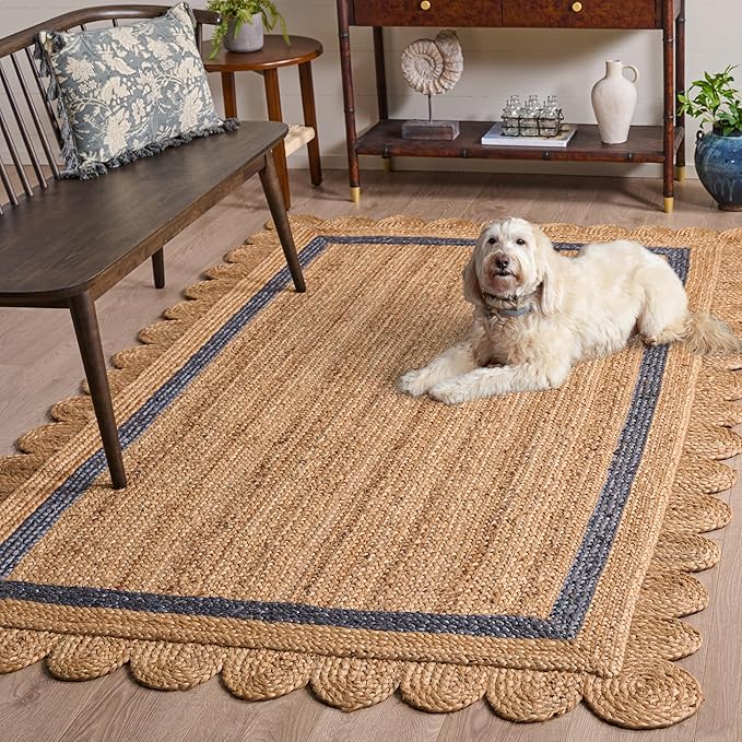 SAFAVIEH Area Rug 5x8 - Natural Fiber Collection - Natural & Blue, Handmade Jute, Ideal for Living Room, Bedroom, Dining Space (NF896M)