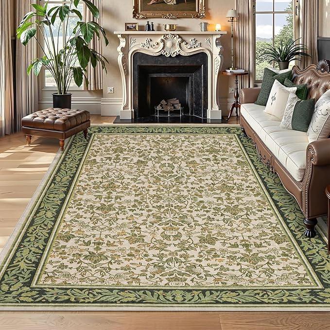 GarveeHome Washable Rug 9x12 Area Rugs for Living Room, Boho Rug Non Slip Vintage Low Pile Large Rugs for Bedroom Stain Resistance Non-Shedding Throw Carpet for Office Light Green