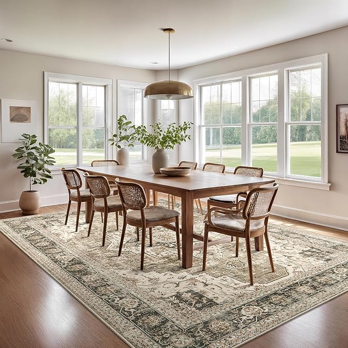 6x9 Area Rugs for Living Room, Washable Rug with Non-Slip Backing, Ultra-Thin Rugs for High-Traffic Areas, Super-Soft Floral Vintage Farmhouse Large Area Rug (Brown/Beige, 6'x9')