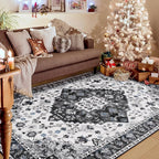 Amearea Vintage Design Area Rugs for Living Room, 5x8 Machine Washable Floral Collection Traditional Bedroom Rug, Low Pile Cute Kids Room Print Carpet, No Slip Office Kitchen Home Decor, Black