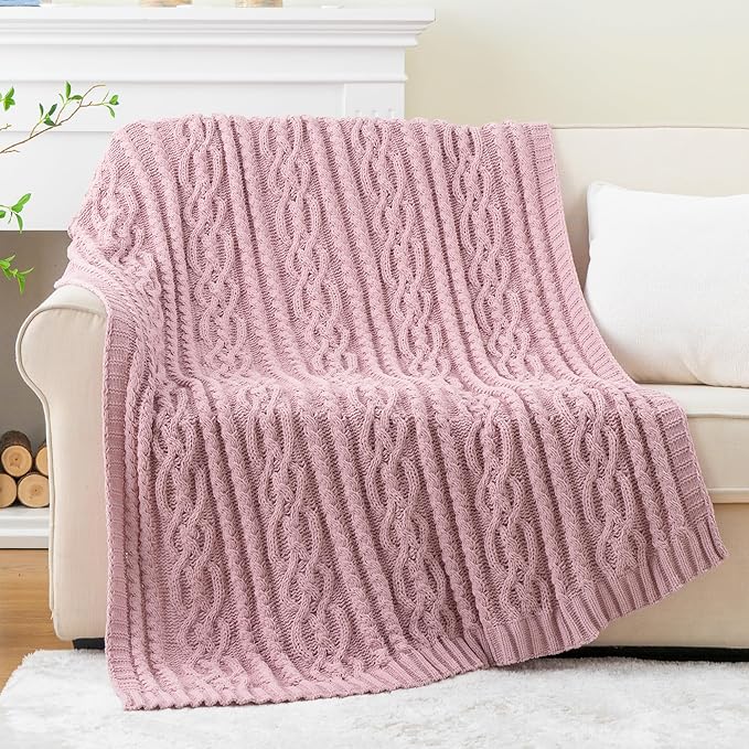 Battilo Pink Throw Blanket for Couch, Cable Knit Blanket, Soft Chenille Throw Blanket, Cozy Warm Blankets for Girls Daughter Women Gifts for Mom, 51"x67", Blush