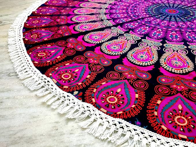 Round Beach Tapestry Turquoise Mandala Throw/Boho Hippie Beach Blanket Roundie/Indian Cotton Bohemian Large Round Table Cloth-Home Decor/Yoga Mat Meditation Picnic Rug (42", White And Pink)