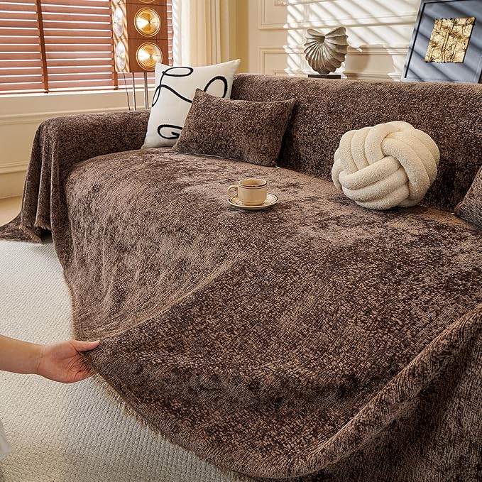 ROOMLIFE Brown Sofa Cover, Vintage Boho Couch Cover for 3 Cushion Sofa, Soft Chenille Sofa Cover for Dog, Washable Furniture Sofa Protector Cover Blanket with Tassel for Living Room, 71 '' X 134''