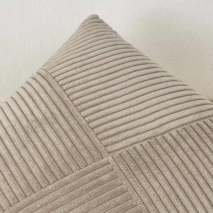 Topfinel Lightbrown Throw Pillow Covers 20x20 Inch Set of 2 Modern Farmhouse Home Decor Pillow Covers for Spring Sofa Living Room Couch Bed Soft Corduroy Textured Boho Striped Patchwork Cushion Cases