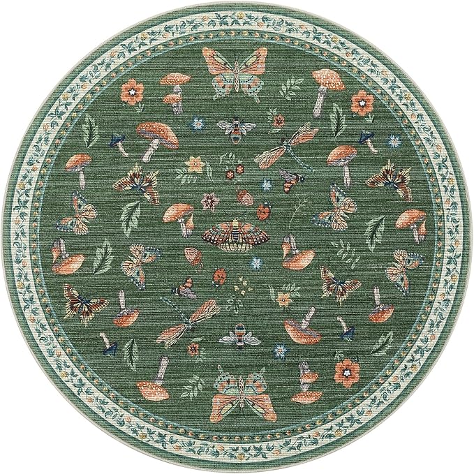 Mushroom Insect 4ft Round Rug Washable Non-Slip Soft Ultra-Thin Small Boho Circle Carpet for Entryway Kitchen Bedroom Nursery Dining Room Green