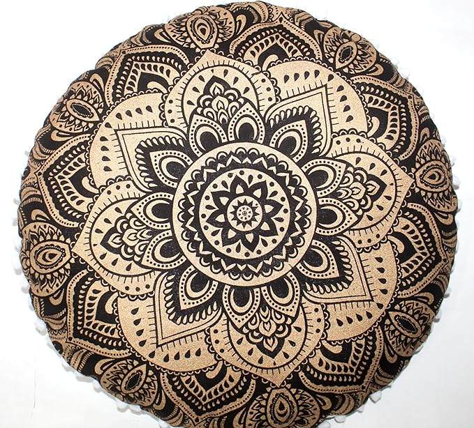 CRAFT KALA 22" Bohemian Floor Pillow Pouf Cover Mandala Boho Large Round Meditation Room Pillow Covers for Adults Seating Poufs Cushion Cover for Kids Playroom Black Gold Flower