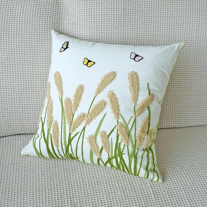 vctops Farmhouse Pampas Grass Cotton Tufted Throw Pillow Cover Boho Embroidery Pillowcase Soft Square Cushion Case for Sofa Couch Bed Chair (Khaki,18"x18")