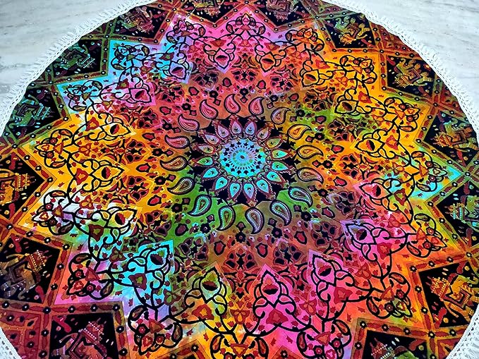 Round Beach Tapestry Turquoise Mandala Throw/Boho Hippie Beach Blanket Roundie/Indian Cotton Bohemian Large Round Table Cloth-Home Decor/Yoga Mat Meditation Picnic Rug (42", Multi Blue)
