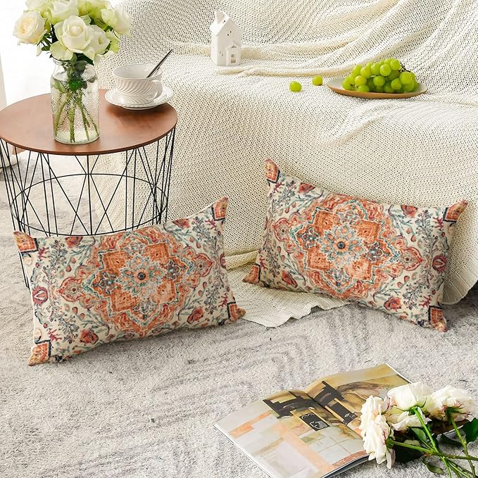AVOIN colorlife Boho Throw Pillow Covers, 12 x 20 Inch Bohemia Ethnic Style Carpet Pattern Cushion Case for Sofa Couch Set of 2