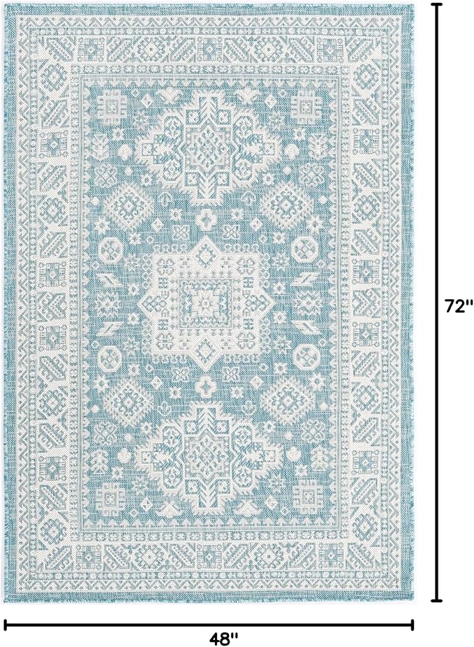 Rugs.com Outdoor Aztec Collection Rug – 4' x 6' Aqua Flatweave Rug Perfect for Living Rooms, Large Dining Rooms, Open Floorplans