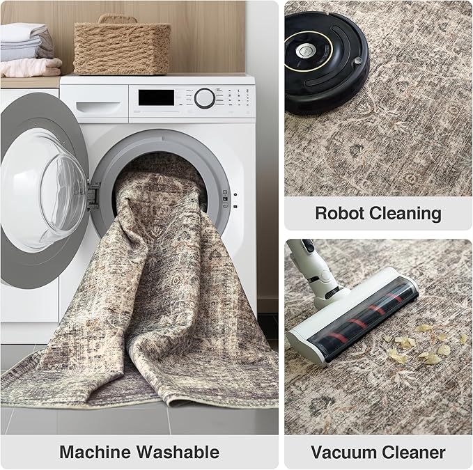 FMFUNCTEX 2x6 Hallway Runner Rug Taupe Vintage Neutral Washable Non Slip Low Pile Traditional Indoor Carpet Soft Retro Floral Entryway Rug for Kitchen Living Room Bedroom Bathroom Laundry Entrance