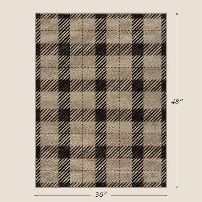 3x4 Jute Rugs for Entryway, Checkered Washable Entry Rug, Indoor Door Mat for Front Door, 3 x 4 Kitchen Mats for Floor, Non Slip Rubber Backing, Thin Modern Farmhouse Black and Brown Rattan Décor