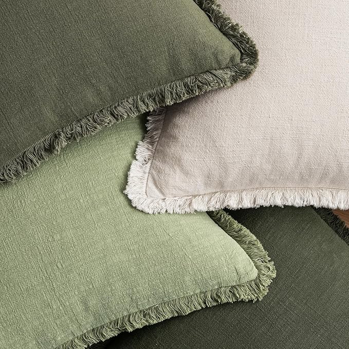 MIULEE Decorative Couch Pillow Covers Neutral Linen Fringe Throw Pillows Set of 4 Boho Farmhouse Accent Cushions for Bed Sofa Living Room Spring Home Decor 18x18 Inch Beige/Sage Green