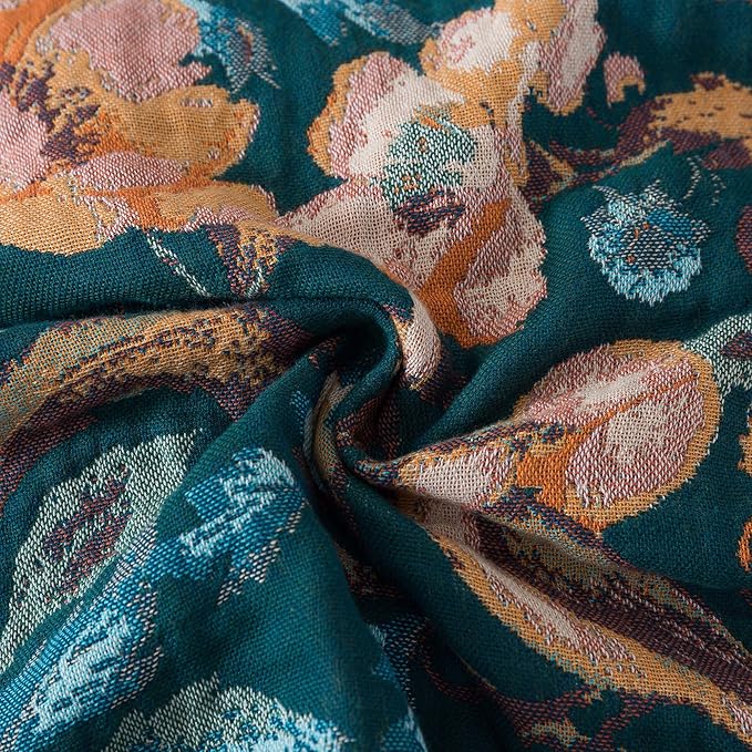 Boho Throw Blanket Twin Size, Soft Cozy Cotton Muslin Quilt Blanket for Bed Decor, Floral Patterned Couch Sofa Chair Cover, Vintage Farmhouse Cottage Tapestry Woven Blanket, Teal&Taupe