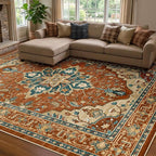 Area Rugs 8'x10' Washable Non-Slip, Floral Vintage Distress Print Pattern Medallion Carpet for Living Room Bedroom Dining Room, Red Orange Blue Brown