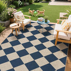 GarveeHome Checkered Easy Jute 3x5 Entryway Rug Machine Washable Outdoor Patio Rug Non-Slip Backing Checkerboard Indoor Outdoor Carpet for Hallway Bathroom Kitchen Bedroom Navy Blue