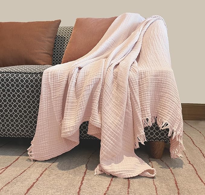KyraHome 100% Organic Cotton Fall Throw Blankets for Adults, Girls, 60"x80", Plant Dyed, Breathable Lightweight Gauze Large Muslin Blankets for Women, Kids, Napping, All Season (Soft Pink)