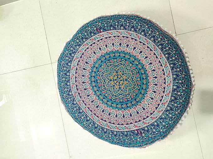 CRAFT KALA Mandala Floor Pillow Cushion Cover Seating Throw Cover Hippie Decorative Bohemian Ottoman Poufs Pom Pom Pillow Cases Boho Indian Cotton Living Room Home Décor 24" Round Elephant Moor Joda