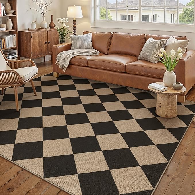 5x7 Checkered Easy Jute Area Rug for Living Room Checkerboard Washable Indoor Outdoor Carpet Farmhouse Patio Office Mat Geometric Non Slip Black Carpet for Backyard Dining Room