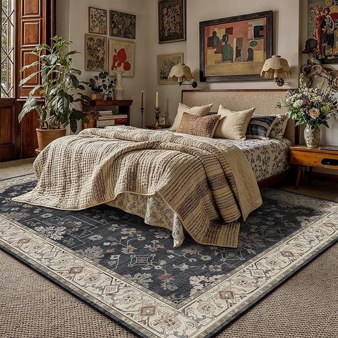 Black 8x10 Area Rug Washable Vintage Carpet Living Room Large Indoor Bedroom Non Slip Low Pile Thin Soft Stain Resistant Accent Throw Rug Dining Office Kitchen Table Rug for Under Table
