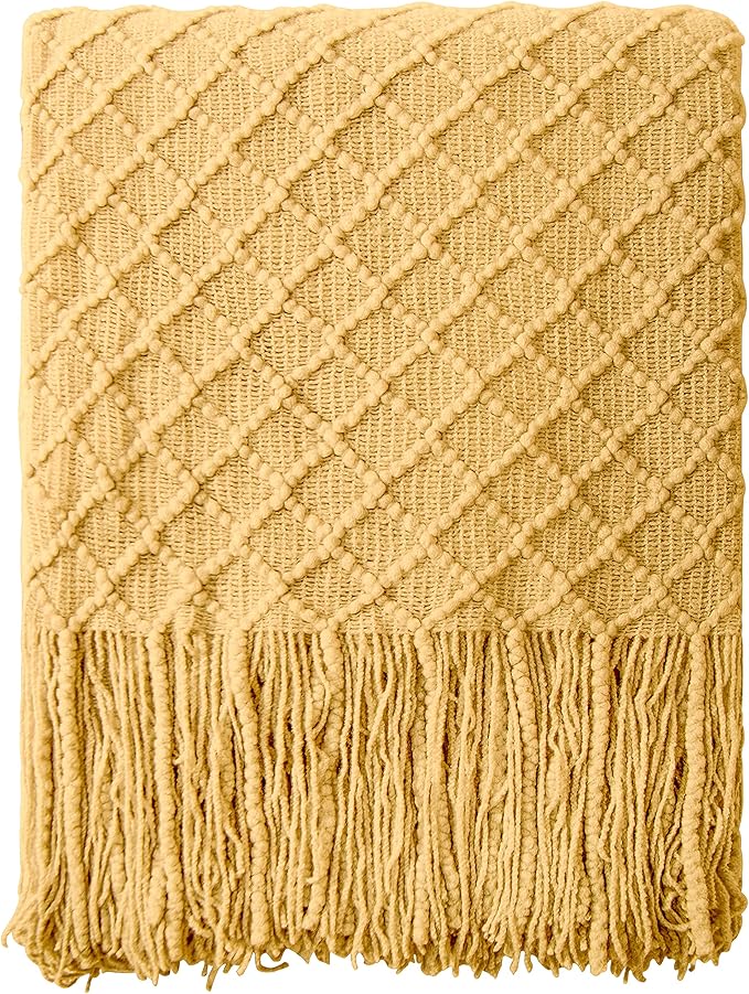 NTBAY Acrylic Knitted Throw Blanket, Lightweight and Soft Cozy Decorative Woven Blanket with Tassels for Travel, Couch, Bed, Sofa, 51x67 Inches, Mustard Yellow Checkered