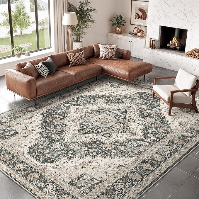 Washable Rugs 9x12, Large Area Rugs 9x12 Living Room with Non-Slip Backing, Super-Soft Floral Vintage Rug, Low Pile Area Rug for Bedroom, Dining Room, Office (Black/Beige, 9'x12')