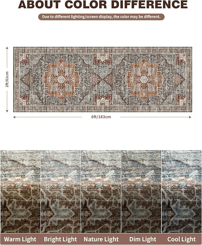 Washable Runner Rug 2x6 Runners for Hallways, Ultra-Thin Carpet Runners for Entryway Anti Slip Backing Runner Rugs for Kitchen Laundry Room Indoor Hallway (Grey/Brown/Tan)