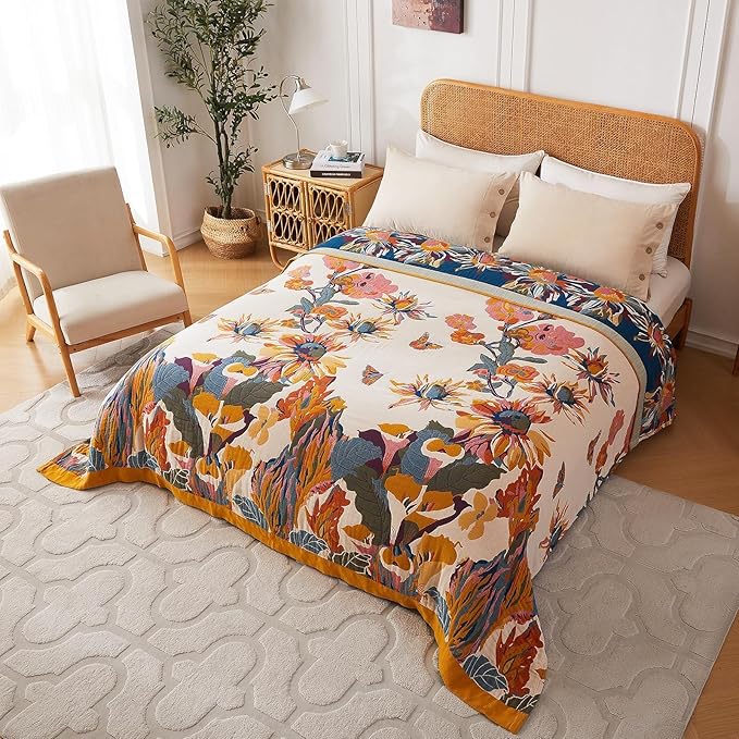 Boho Throw Blanket for Bed 100% Cotton Soft Lightweight Quilt Floral Butterfly Embroidery Home Decor Spring Bed Blankets,98"x98" All Season Reversible Blankets for Sofa Couch Chair