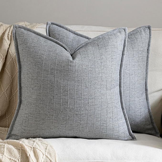 18x18 Linen Pillow Covers Steel Blue Pack of 2 Farmhouse Boho Neutral Accents Striped Textured Square Decorative Throw Pillow Cases for Living Room Couch Bed Home Decor