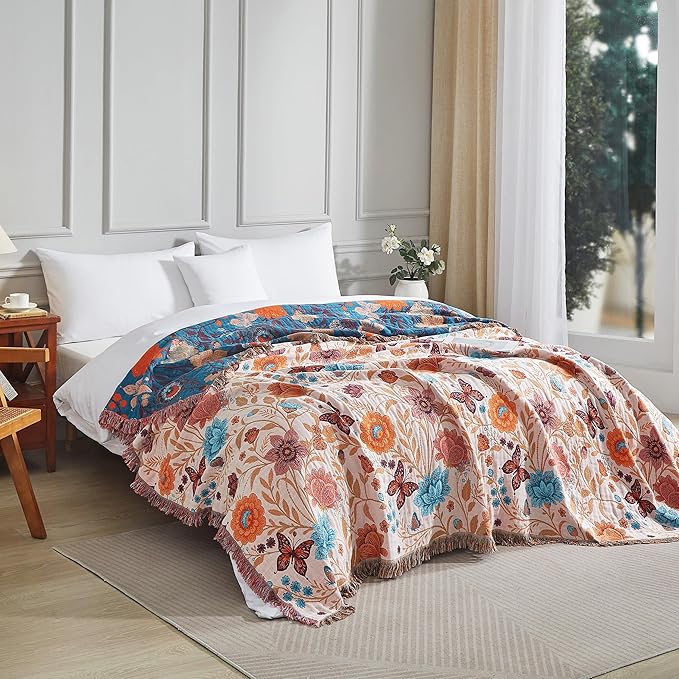 Boho Throw Blanket for Bed 60”x80”, 100% Cotton Woven Blanket for Couch Sofa, Ultra Soft 4-Layer Muslin Quilt with Floral Printed, Farmhouse Bed Blanket/Cover for Living Room Decor