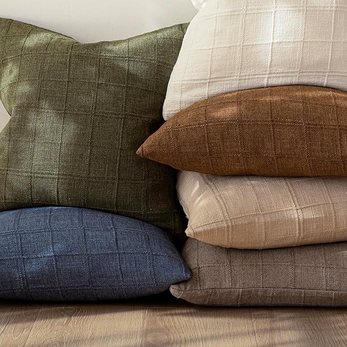 Foindtower Set of 2 Decorative Linen Check Throw Pillow Covers Neutral Farmhouse Lumbar Cushion Covers Modern Boho Home Decor for Sofa Chair Couch Bedroom Living Room,12×24 Inch,Light Brown