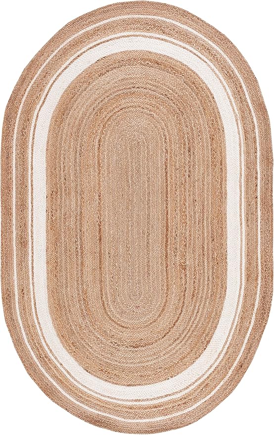 SAFAVIEH Natural Fiber Collection Area Rug - 3' x 5' Oval, Natural & Ivory, Flat Weave Farmhouse Border Jute Design, Ideal for High Traffic Areas in Living Room, Bedroom (NF812A)