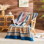 Boho Throw Blanket 100% Cotton Muslin Woven Blanket Bohemian Bed Throws Vintage Rustic Farmhouse Decor Reversible Bed Blanket Quilt for All Seasons（Blue 80"x90"）