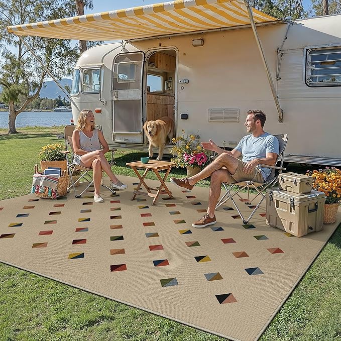 HUGEAR 8x10 Jute Outdoor Indoor Checkered Rug Washable Linen Textured Weave High Traffic Stain Resistant Non Slip Durable Carpet for Livingroom Patio Deck Balcony Courtyard (Rainbow, 8' x 10')