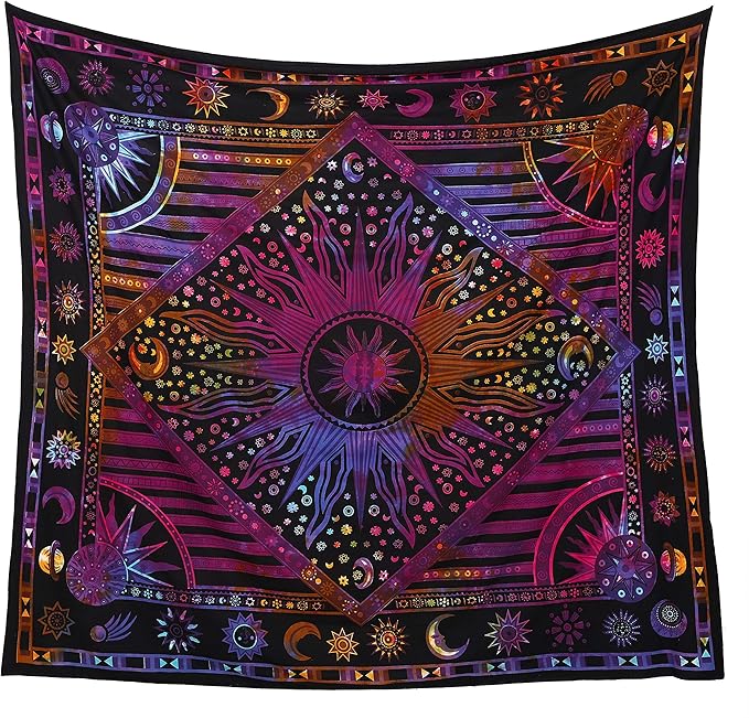Popular Handicrafts Wall Hanging Tapestry For Bedroom Hippie Sun Moon Bohemian Hippy Psychedelic Design Indian Tapestries Bedspread 84 x 90 Inches (215cm x 230cm) Multicolor