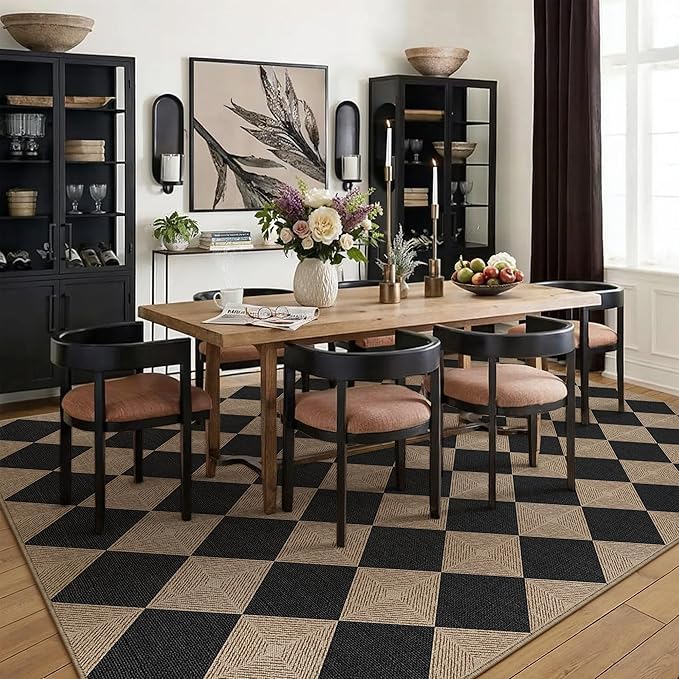 6x9 Checkered Easy Jute Area Rug for Living Room Large Checkerboard Washable Indoor Outdoor Carpet Farmhouse Patio Office Mat Textured Diamond Non Slip Black Carpet for Backyard Dining Room