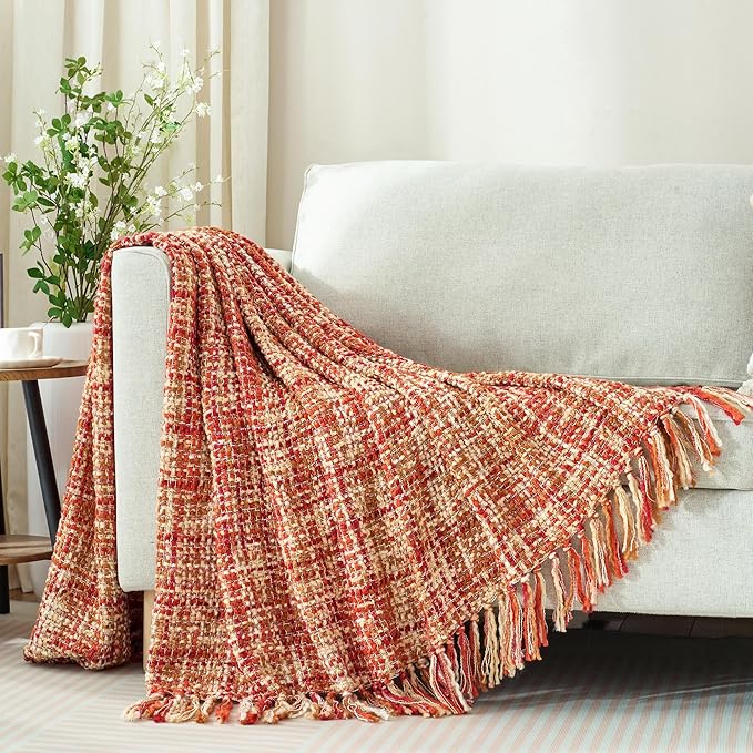 Multi-Color Dark Red Cable Woven Throw Blanket for Couch,50"X60" Boho Style Textured Blankets for Home Decor,Super Soft Warm Cozy Chunky Blanket with Decorative Tassels for Bed