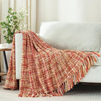 Multi-Color Dark Red Cable Woven Throw Blanket for Couch,50"X60" Boho Style Textured Blankets for Home Decor,Super Soft Warm Cozy Chunky Blanket with Decorative Tassels for Bed