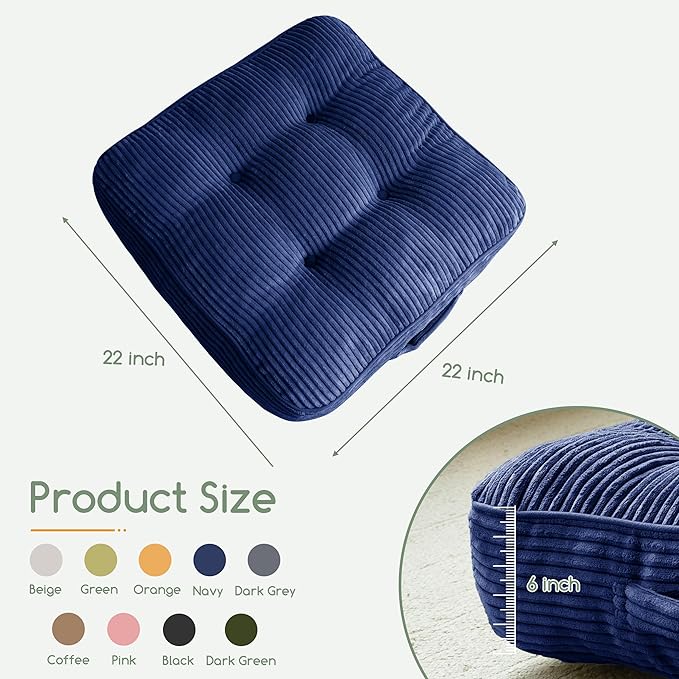HIGOGOGO 6" Extra Thick Floor Pillow Cushion for Adults, Meditation Cushion Pillow, Large Square Floor Sitting, Tufted Corduroy Cover, for Tatami Living Room or Yoga, 22x22 Inch, 2Pack, Navy