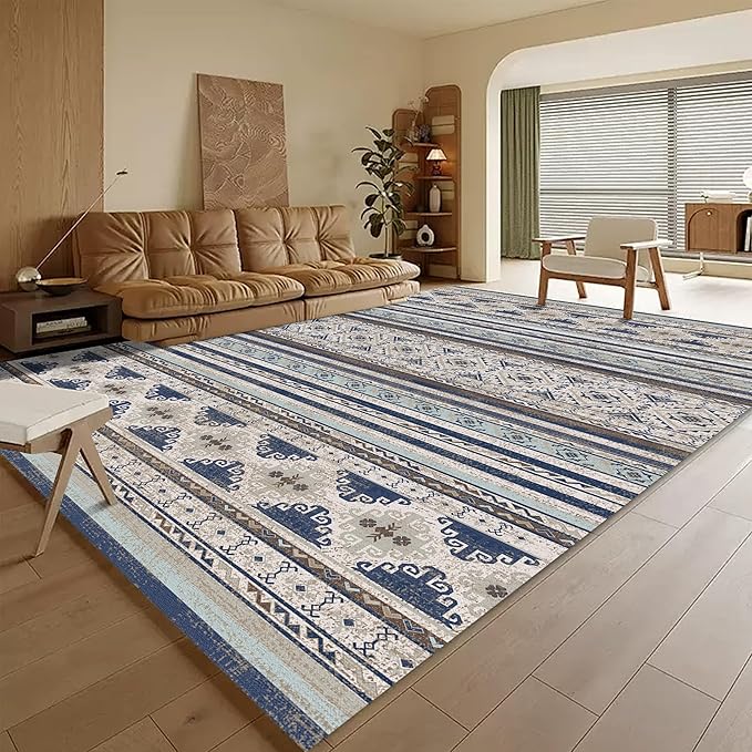 RUGSURE Washable Area Rugs 3' x 5 ' - 1/6 Thick - Moroccan-Inspired -Stain & Water Resistant Non-Slip - Resistant Rug for Living Room, Bedroom, Nursery, Pet & Child Friendly (Blue and Brown)