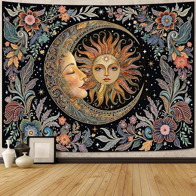 Fungarth Sun and Moon Tapestry Hippie Boho Floral Wall Tapestry for Bedroom Aesthetic Vintage Plant Celestial Spiritual Botanical Small Tapestries Wall Hanging for Living Room Dorm 48 x 36 Inch