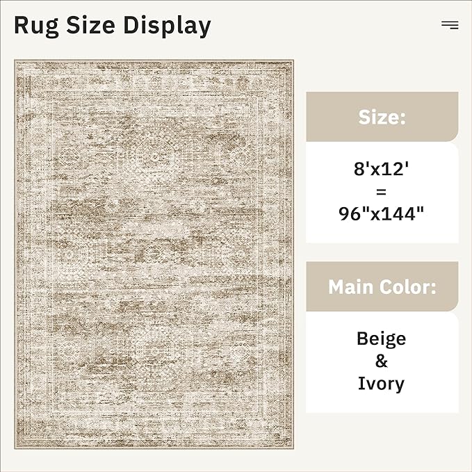 Washable Area Rug 8x12, Large Soft Rugs for Living Room Vintage Brown Carpet 8x12 Area Rugs for Bedroom Dining Room Non-Slip Stain Resistant Under Table Rug