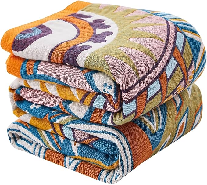 Boho Blanket Soft Muslin BohoThrow Blanket, 100% Cotton Floral Printed Farmhouse Decor All Season Reversible Rustic Throw for Sofa Couch Chair (Orange, 50"x60")