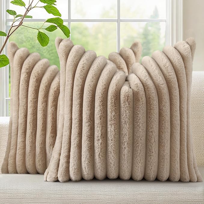 decorUhome Cozy Faux Fur Throw Pillow Covers 20x20 Set of 2 Decorative Soft Plush Striped Modern Farmhouse Boho Couch Pillow Cases with Velvet Back for Sofa Bed Living Room, Khaki Brown