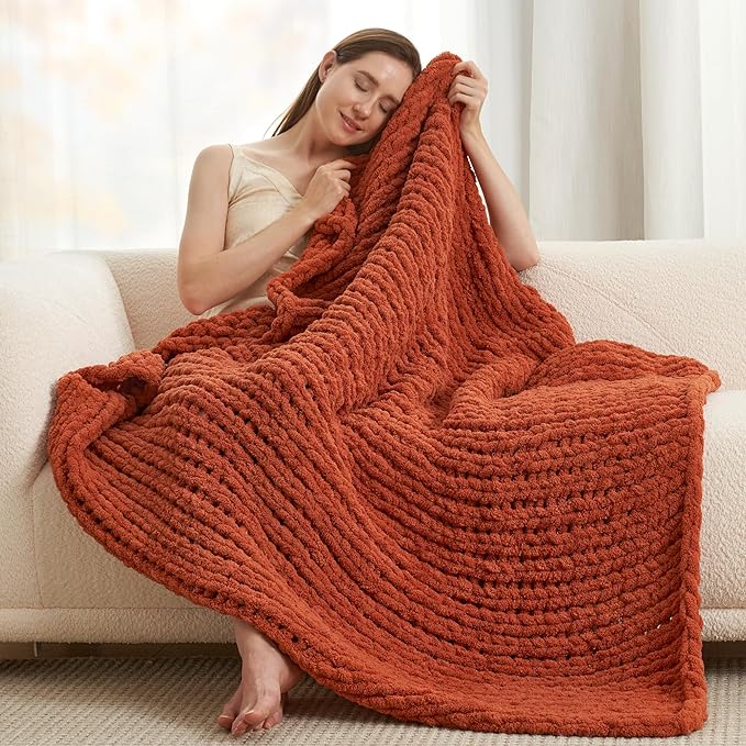 Amélie Home Chunky Knit Throw Blanket for Couch, Soft Chenille Crochet Blanket for Sofa, 50"x60", Burnt Orange