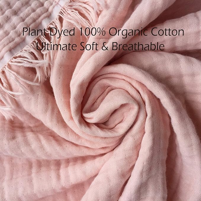 KyraHome 100% Organic Cotton Fall Throw Blankets for Adults, Girls, 60"x80", Plant Dyed, Breathable Lightweight Gauze Large Muslin Blankets for Women, Kids, Napping, All Season (Soft Pink)