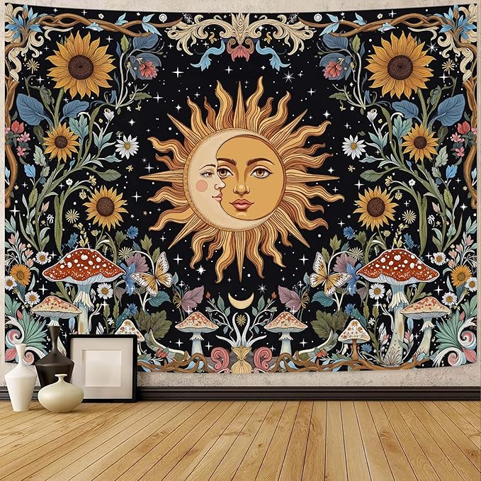 Fungarth Sun and Moon Tapestry Hippie Mushroom Boho Floral Wall Tapestry for Bedroom Aesthetic Vintage Sunflower Celestial Large Tapestries Wall Hanging for Living Room Dorm 80 x 60 Inch