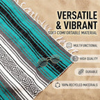 Authentic Extra Large Mexican Blanket - 70"x50" Handwoven Yoga, Serape, Artisanal Falsa, Beach, Camping, Picnic, Outdoor Blanket (Emerald)