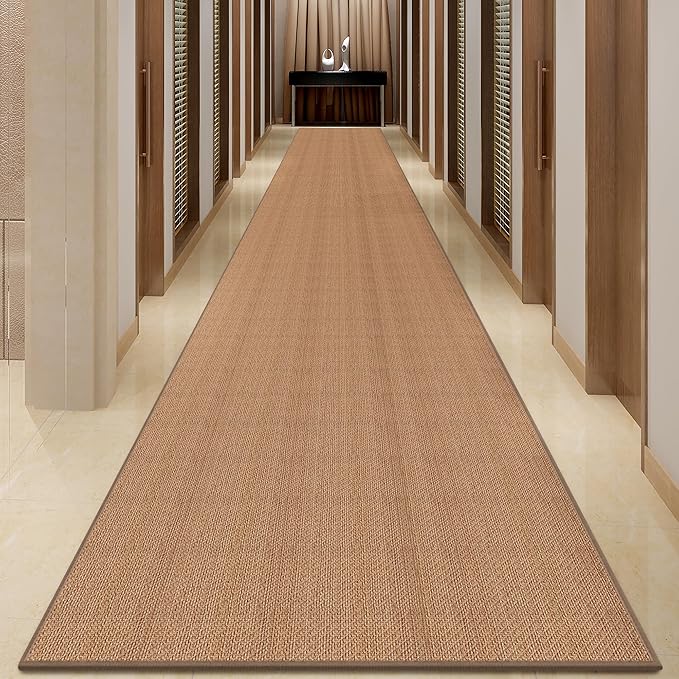 20ft Natural Jute Hallway Runner Rug Non Slip Washable, Rubber Backed Long Khaki Indoor Entryway Runner, Absorbent Kitchen Carpet Sink Rug
